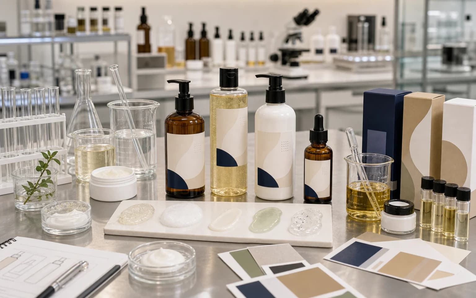 Cosmetic R&D lab sample development for shampoo shower gel body lotion and skincare OEM ODM projects