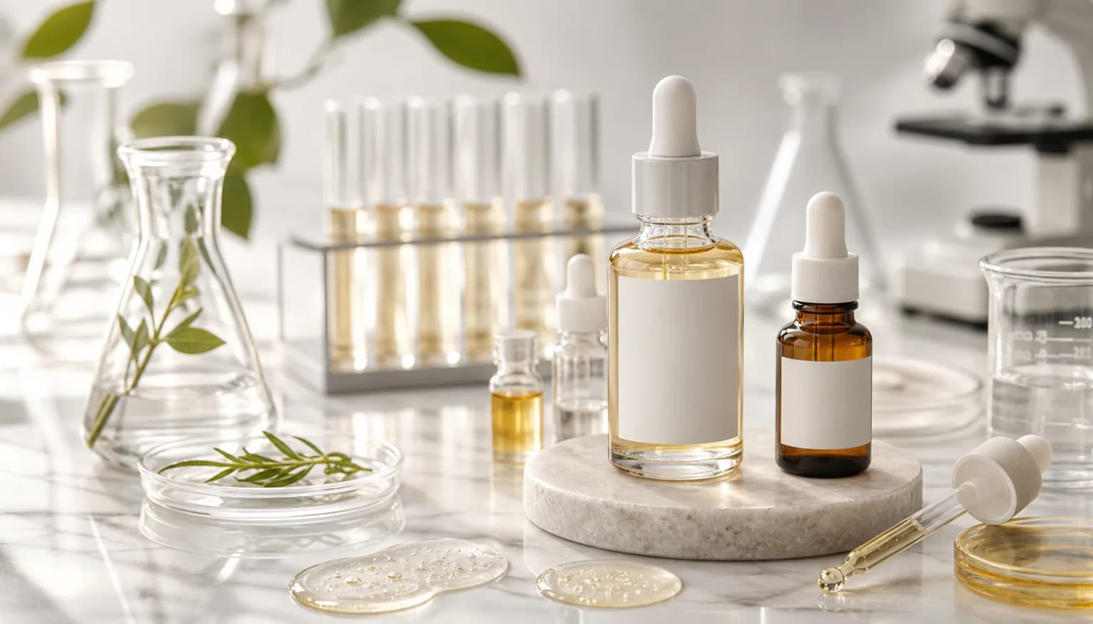 Premium facial serum OEM manufacturing case image with dropper bottles, serum texture swatches and clean cosmetics lab background