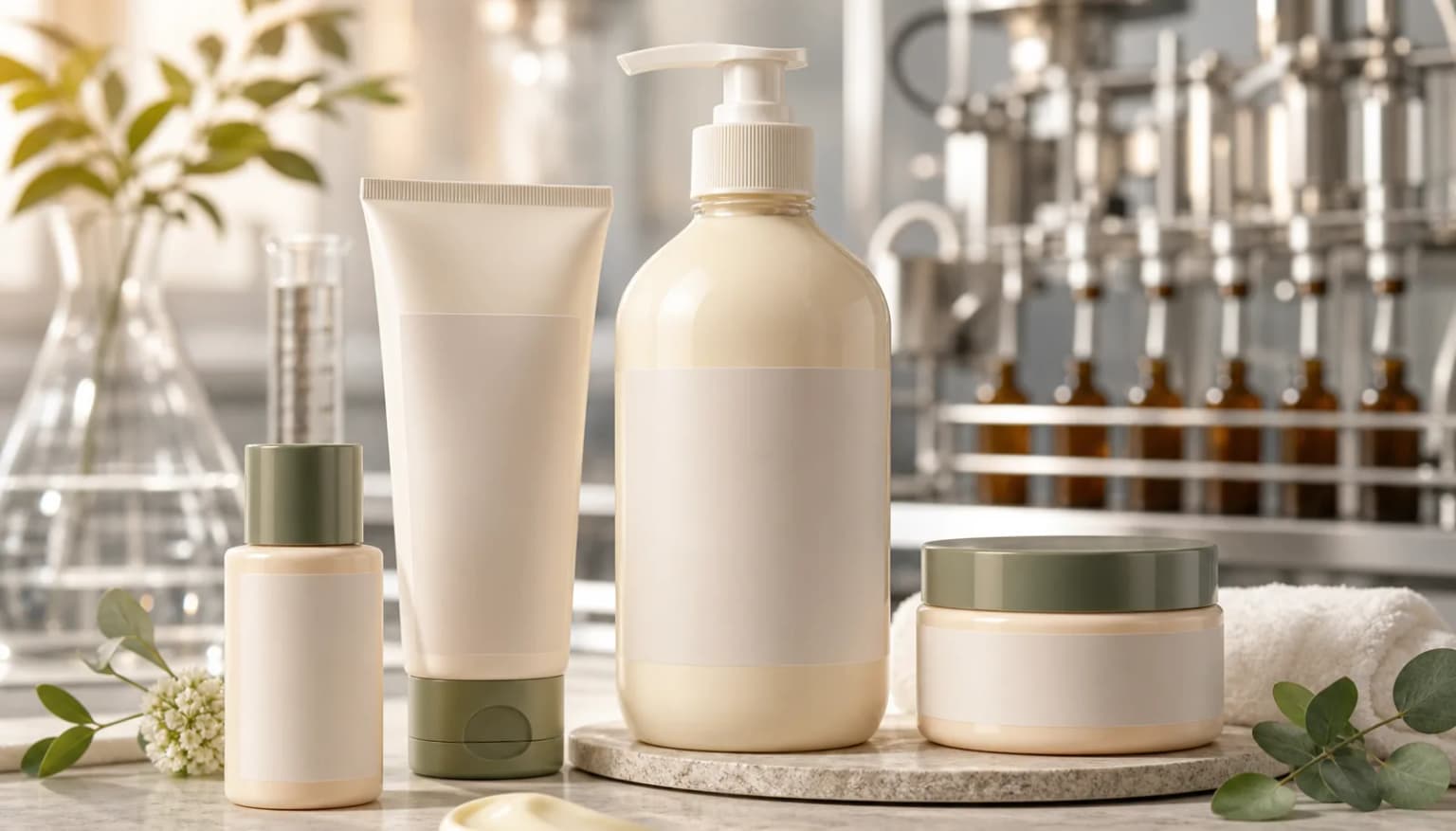 Premium body lotion OEM manufacturing case image with private label lotion bottles, cream texture and filling equipment background