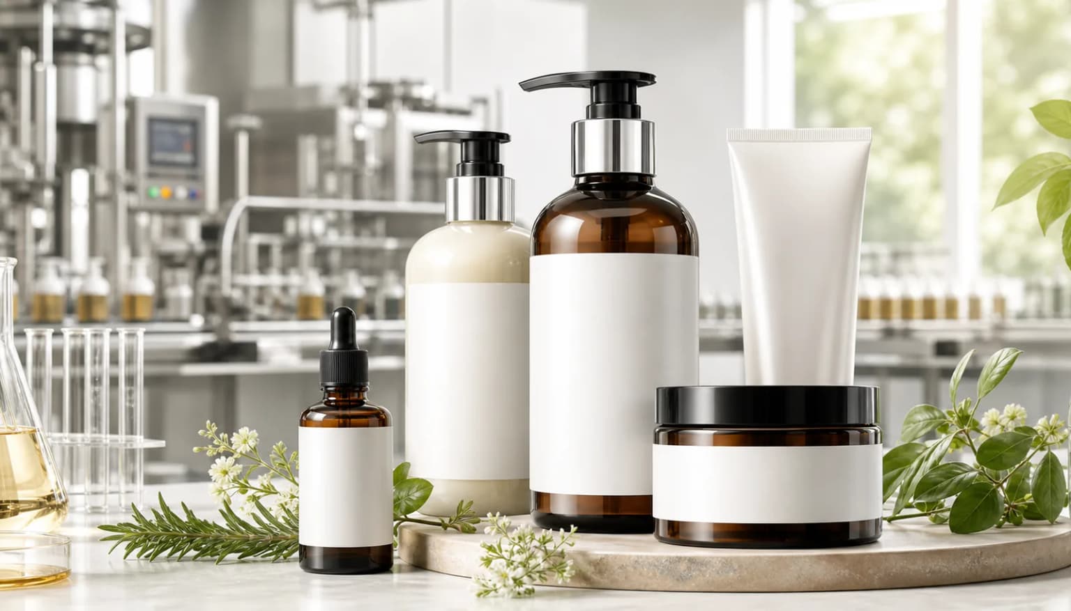 Premium shampoo OEM manufacturing case image with private label hair care bottles and clean factory background