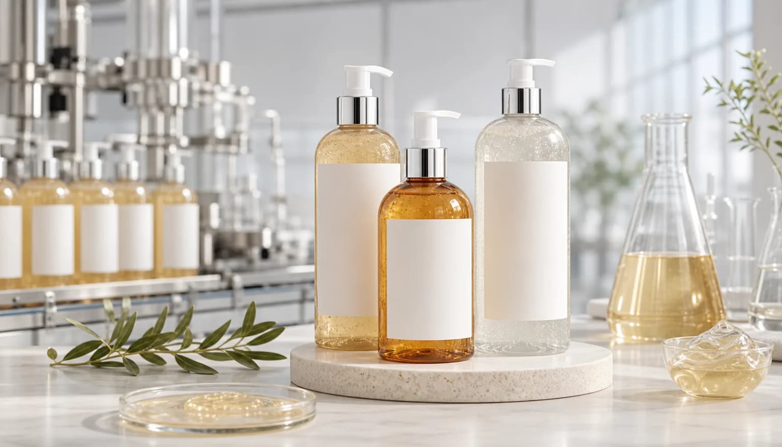 Premium shower gel OEM manufacturing case image with private label body wash bottles and clean filling line background