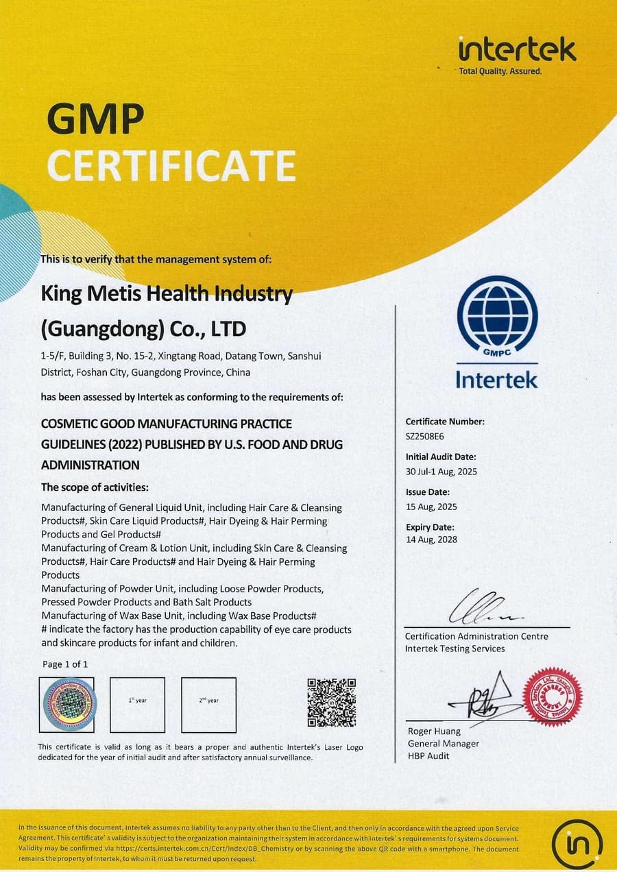 Intertek GMP certificate for King Metis cosmetics manufacturing system