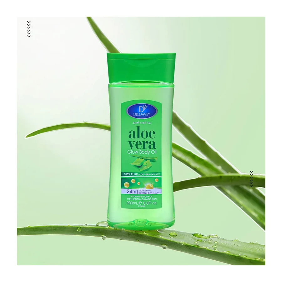 DR.DAVEY 100% Pure Aloe Vera Glow Body Oil 24H Hydrating Firming Age Support Brightening Moisturizer Fresh Scent for All Skin Types white background