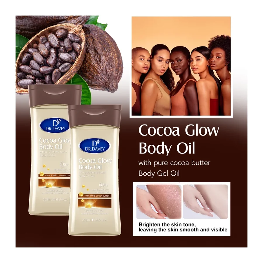 DR.DAVEY 100% Pure Cocoa Butter Glow Brightening Body Gel Oil 48H Deep Nourishing Moisture 200ml for All Skin Types white background product image