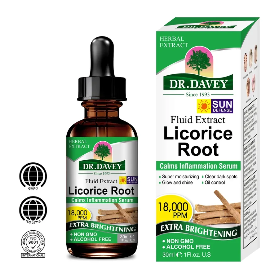 DR.DAVEY 18,000 PPM Licorice Root Calms Inflammation Serum 30ml white background product image for OEM/ODM private label skincare serum manufacturing