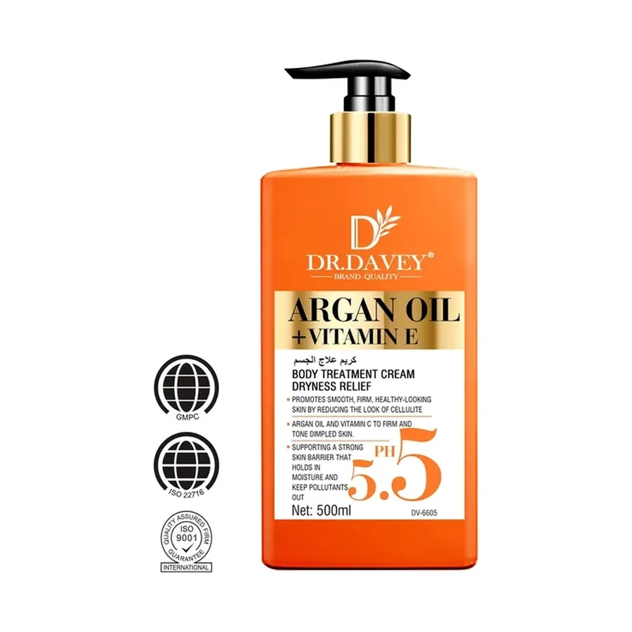 DR.DAVEY Argan Oil + Vitamin E Body Treatment Cream Body Oil 500ml white background product image for OEM/ODM private label body lotion manufacturing