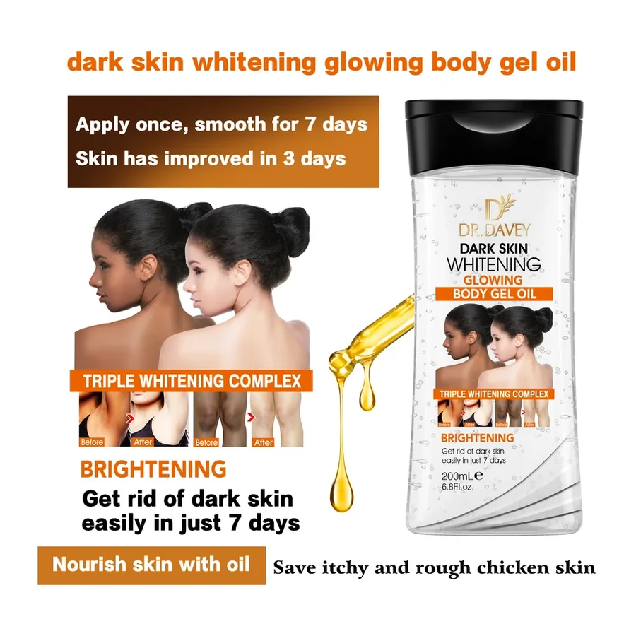 DR.DAVEY Brightening Nourishing Dark Skin Brightening Glowing Body Gel Oil Fresh Fragrance 7 Day Brightening Complex 200ml for white background