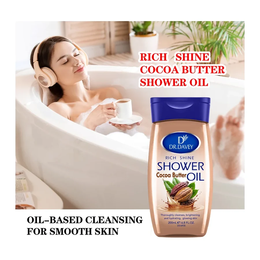 DR.DAVEY Cocoa Butter Brightening Liquid Shower Oil Nourishing Gentle Cleansing for Glowing Hydrated Skin (200ml) white background product image