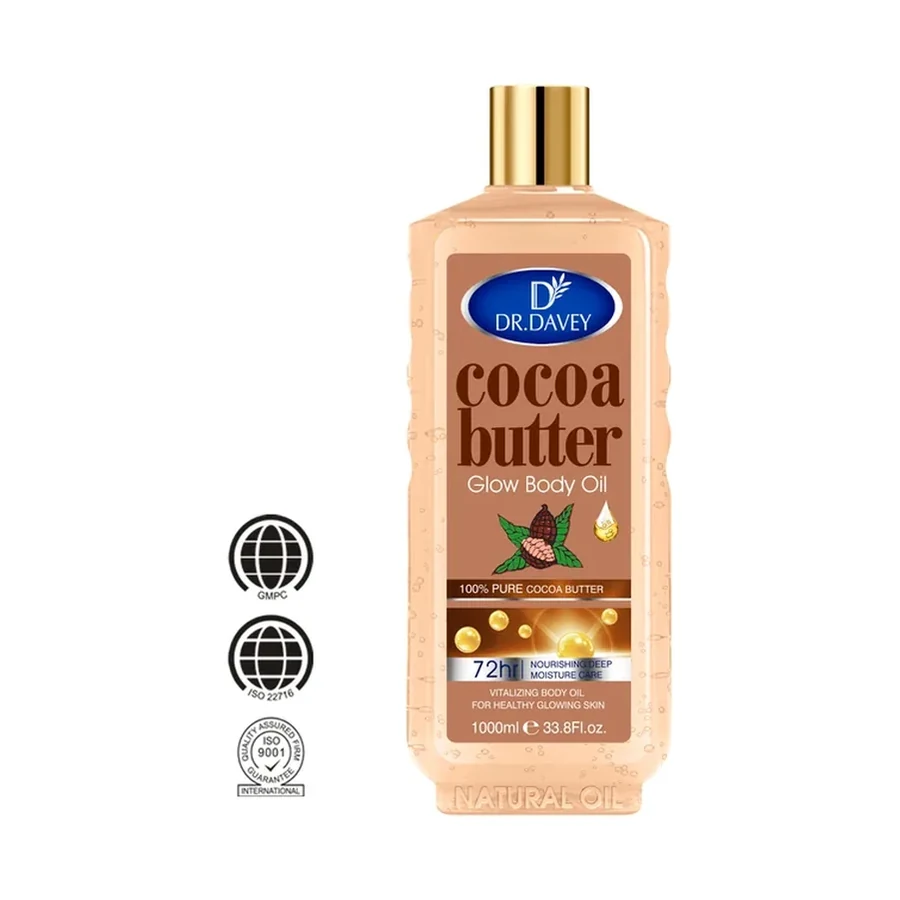 DR.DAVEY Cocoa Butter Nourishing Glow Care Brightening Body Oil 1000ml white background product image for OEM/ODM private label body lotion manufacturing