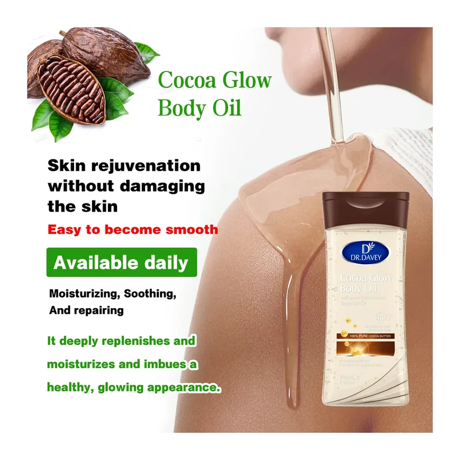 DR.DAVEY Cocoa Glow Brightening Body Gel Oil 100% Pure Cocoa Butter 48H Deep Nourishing Moisture Fresh Fragrance All Skin Types white background