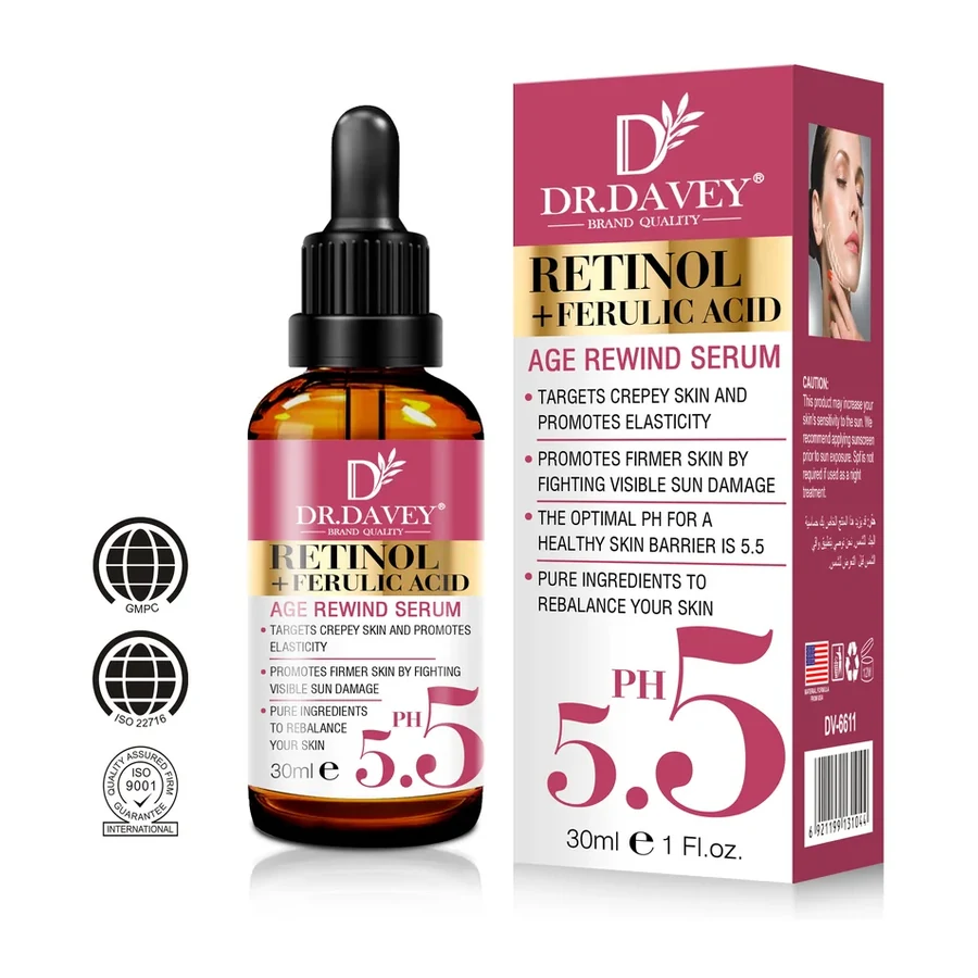 DR.DAVEY Cold Pressed Peel Retinol + Ferulic Acid Sweet 100% Pure Age Rewind Serum 30ml white background product image for OEM/ODM