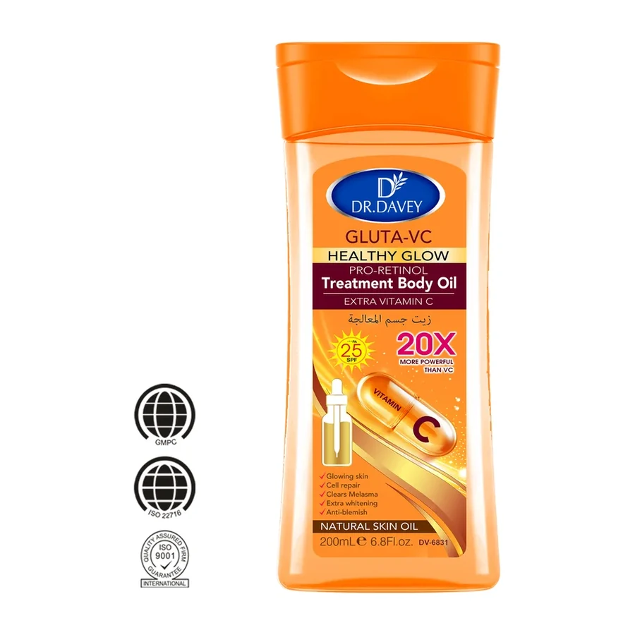 DR.DAVEY Gluta VC Pro Retinol 20X Brightening Body Oil with Hyaluronic Acid Vitamin C Fresh Fragrance Nourishing Moisturizer 200ml white background