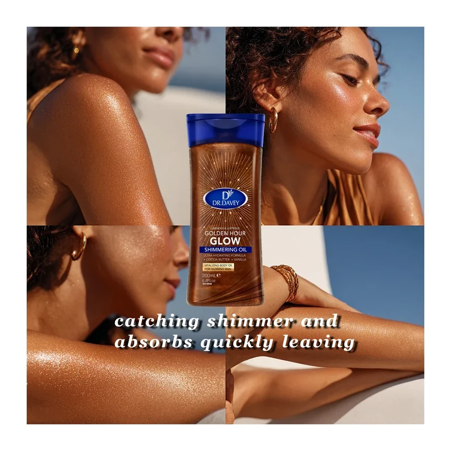 DR.DAVEY Golden Hour Glow Brightening Shimmering Body Oil Ultra Hydrating with Cocoa Butter & Vanilla All Skin Types 200ml white background product