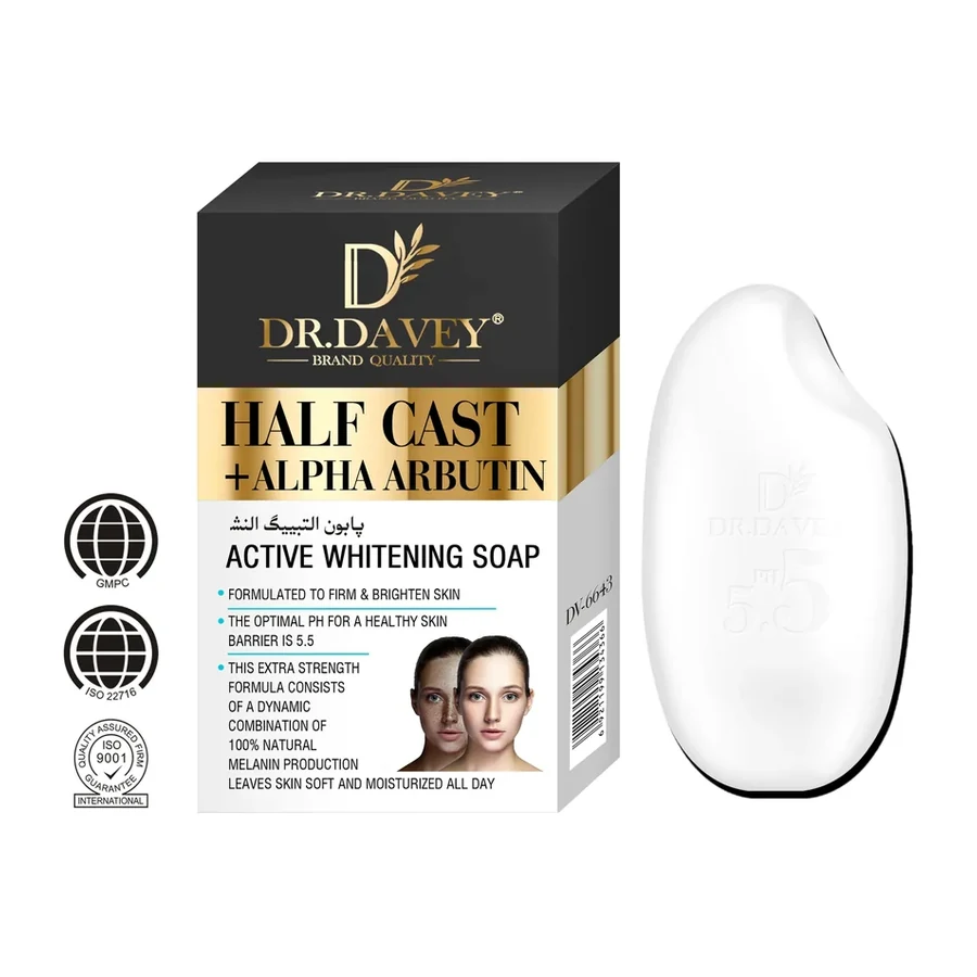 DR.DAVEY Half Cast + Alpha Arbutin Active Brightening Soap, pH 5.5 white background product image for OEM/ODM private label soap manufacturing