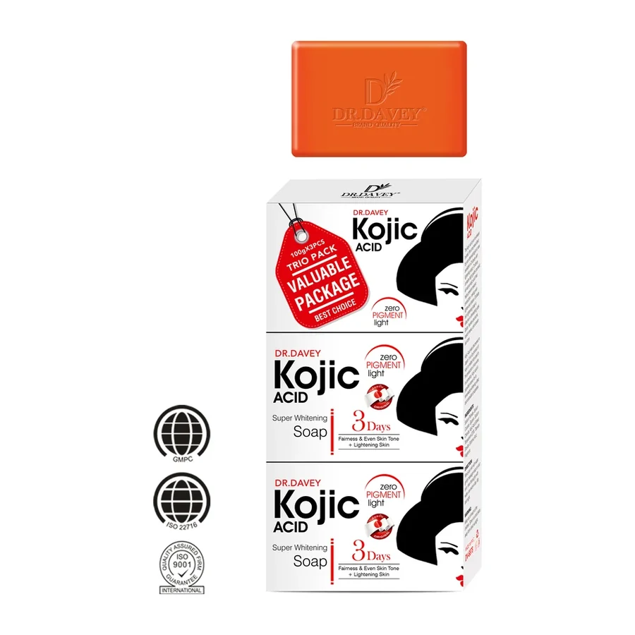 DR.DAVEY Kojic Acid Super Brightening Soap | Trio Pack (3pcs) | For Even Skin Tone & Radiant Skin | 100g white background product image for OEM/ODM