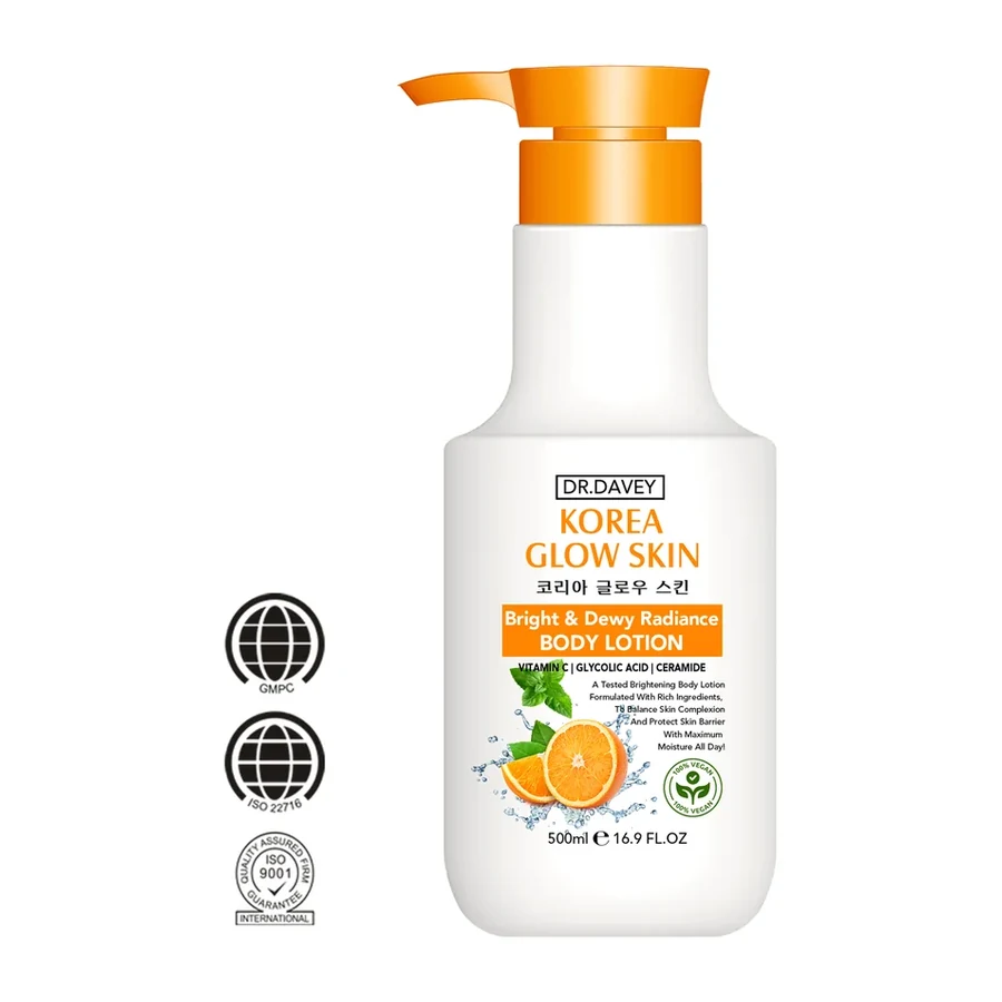 DR.DAVEY Korea Glow Skin Bright & Dewy Radiance Body Lotion | Vitamin C, Glycolic Acid & Ceramide | 500ml white background product image for OEM/ODM