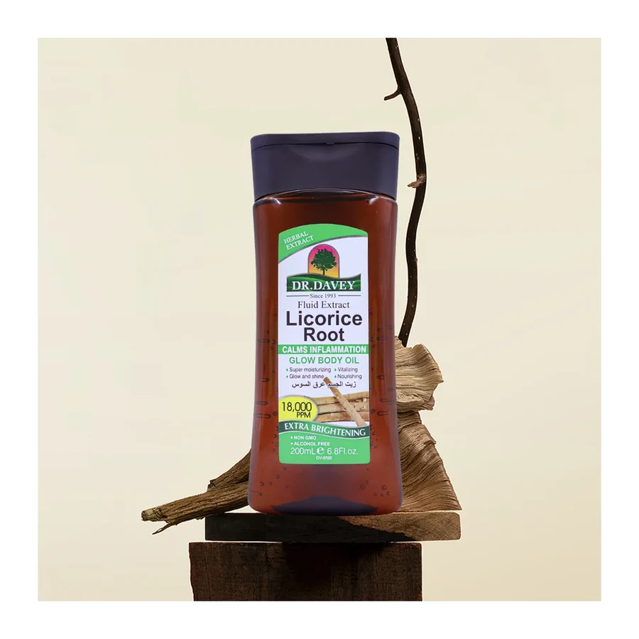 DR.DAVEY Licorice Root Glow Body Oil, 18000PPM Extra Brightening & Anti Inflammatory 200ml white background product image for OEM/ODM