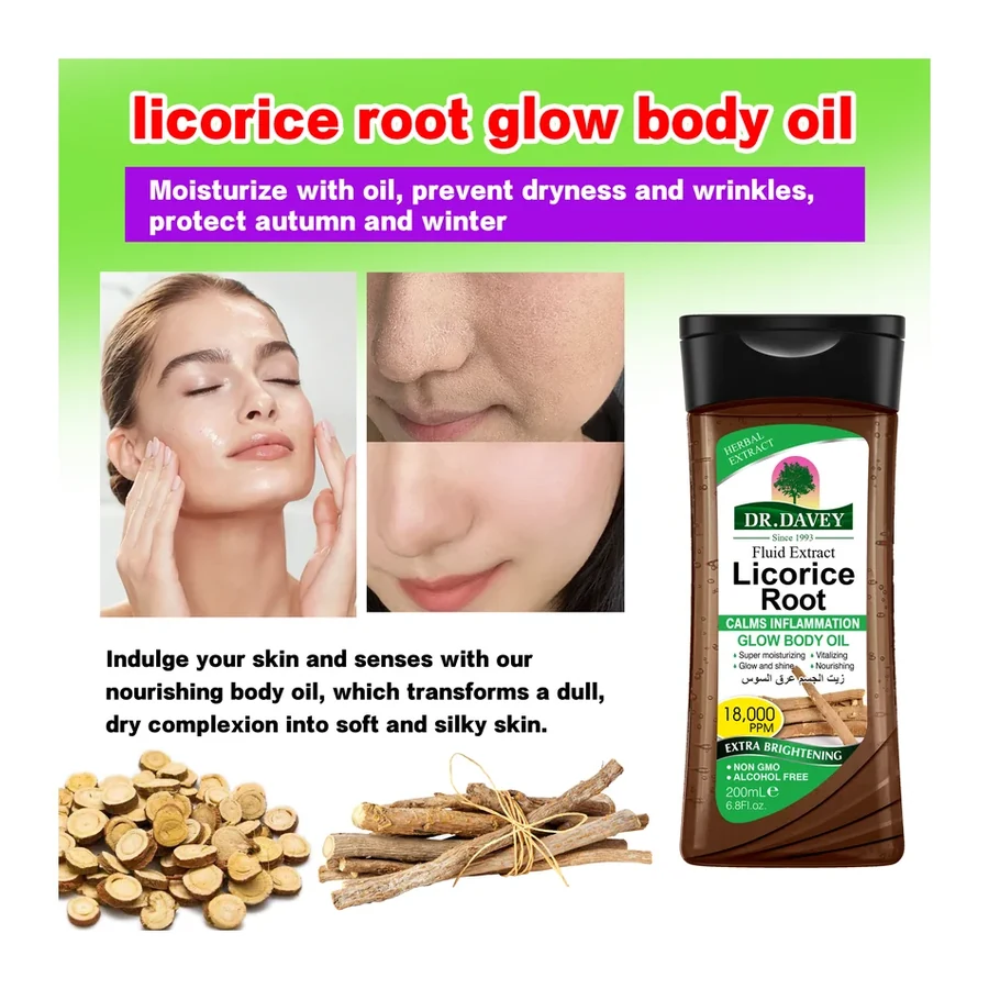 DR.DAVEY Licorice Root Glow Fresh Scent Nourishing Body Oil 18000PPM Brightening & Anti Inflammatory 200ml for All Skin Types white background product