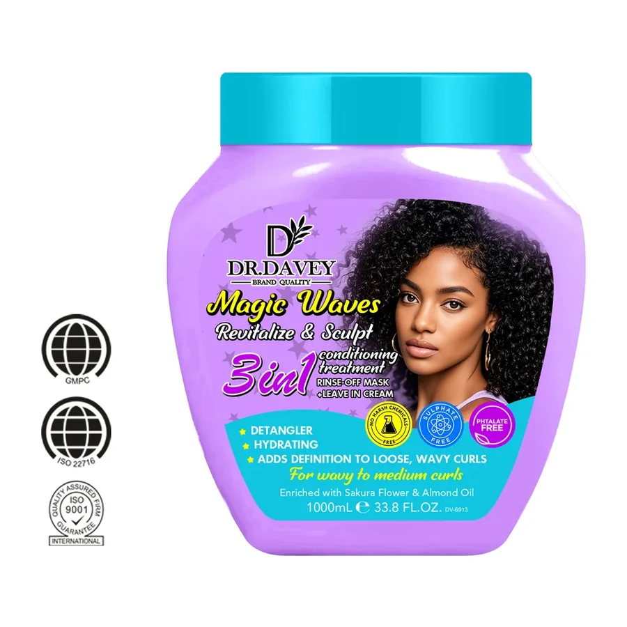 DR.DAVEY Magic Waves 3 in 1 Detangling & Hydrating Curl Care 1000ml white background product image for OEM/ODM private label hair treatment