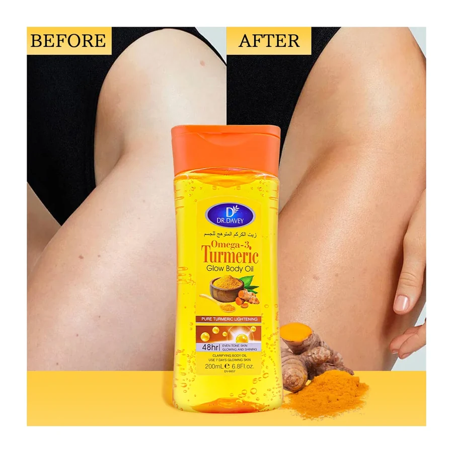 DR.DAVEY Omega 3 Turmeric Brightening & Moisturizing Body Oil 48H Brightening & 7 Day Glow Boost 200ml white background product image for OEM/ODM