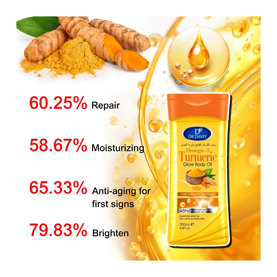 DR.DAVEY Omega 3 Turmeric Brightening Nourishing Body Oil 48H Brightening & 7 Day Glow Boost 200ml white background product image for OEM/ODM