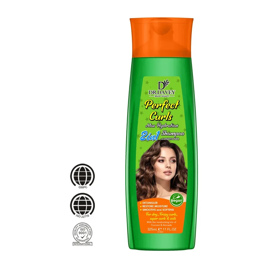DR.DAVEY Perfect Curls 2in1 Shampoo and Conditioner | Max Hydration for Dry Frizzy Curls 325ml white background product image for OEM/ODM