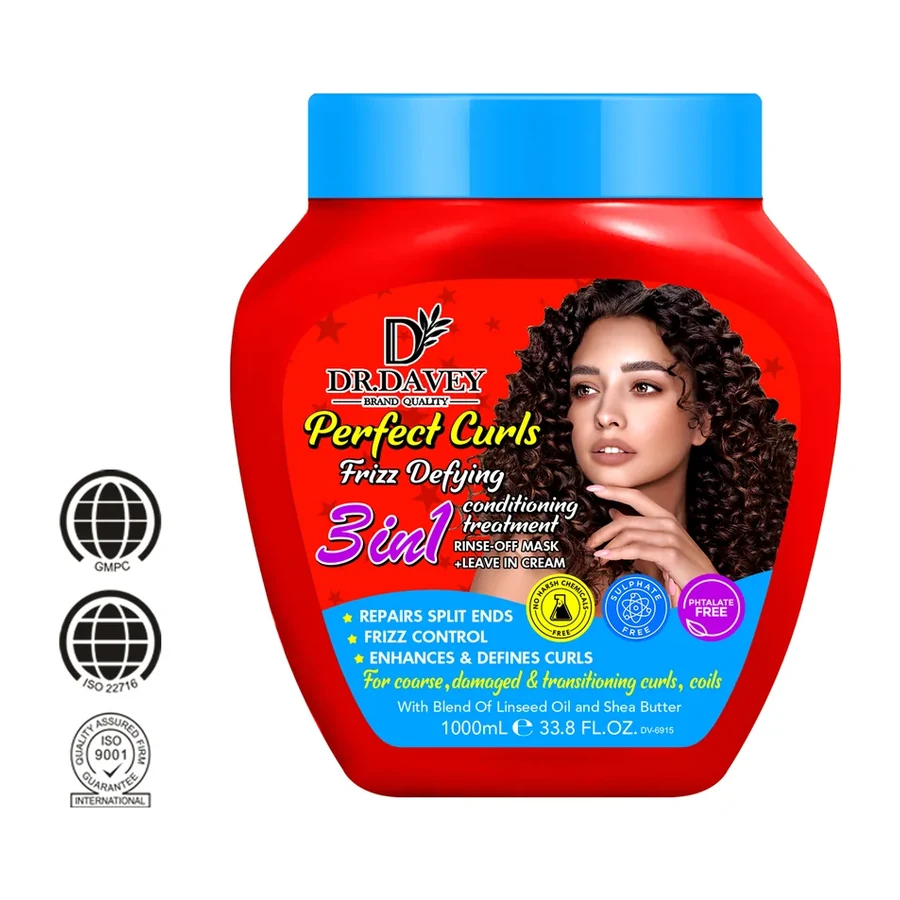 DR.DAVEY Perfect Curls Frizz Defying 3 in 1 Hair Care 1000ml white background product image for OEM/ODM private label hair care manufacturing