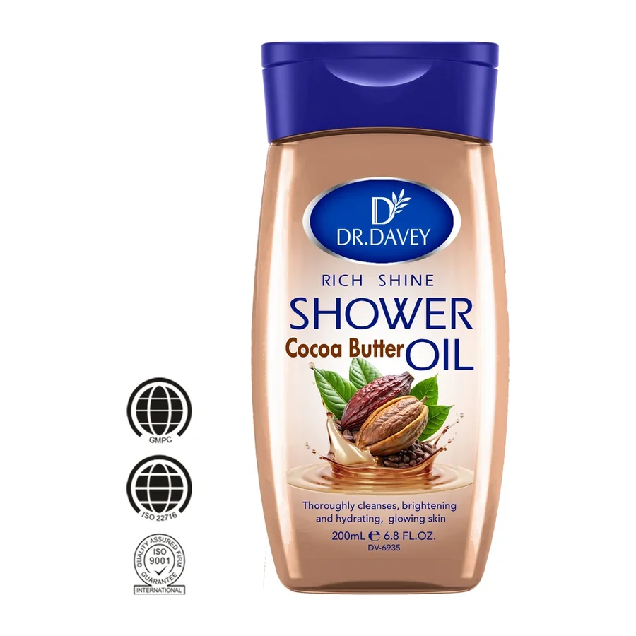 DR.DAVEY Rich Shine Cocoa Butter Shower Oil | Cleanse, Brighten & Hydrate Skin | For Glowing Skin | 200ml white background product image for OEM/ODM