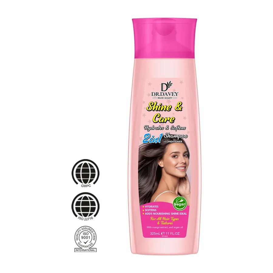 DR.DAVEY Shine & Care Hydrates & Softens 2in1 Shampoo and Conditioner |Vegan Hair Care 325ml white background product image for OEM/ODM