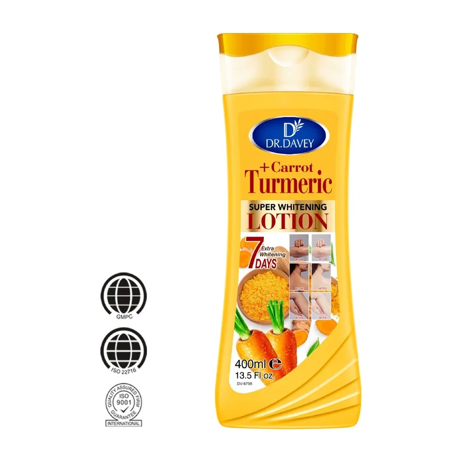 DR.DAVEY Turmeric & Carrot Moisturizing Brightening Body Lotion 400ml white background product image for OEM/ODM private label body lotion