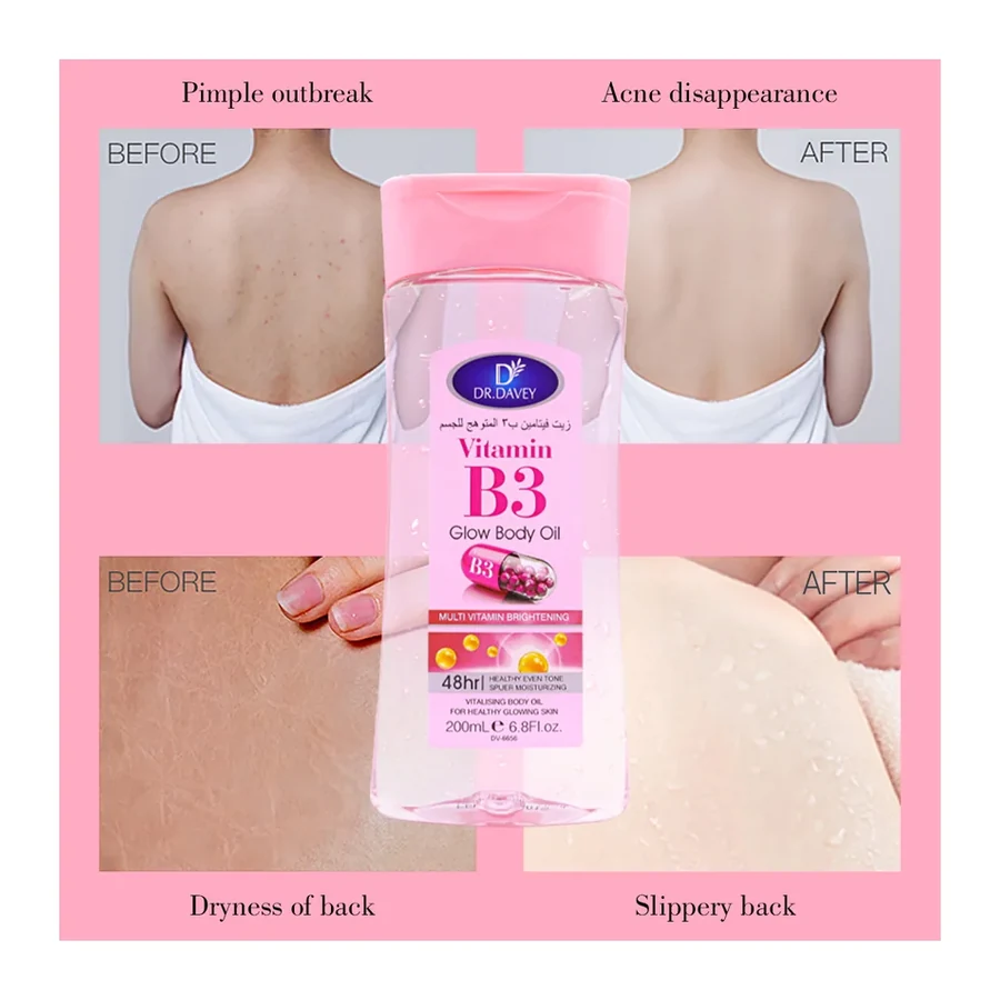 DR.DAVEY Vitamin B3 Brightening Body Oil 48H Multi Vitamin Moisturizing & clarifying care Fresh Fragrance for Women All Skin Types 200ml white