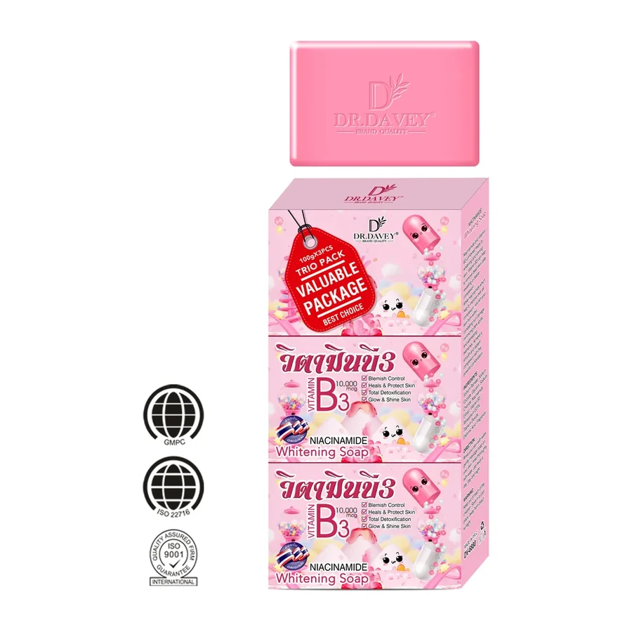 DR.DAVEY Vitamin B3 (Niacinamide) Brightening Soap | Trio Pack (3pcs) | Gentle Cleansing & Skin Brightening | 100g white background product image
