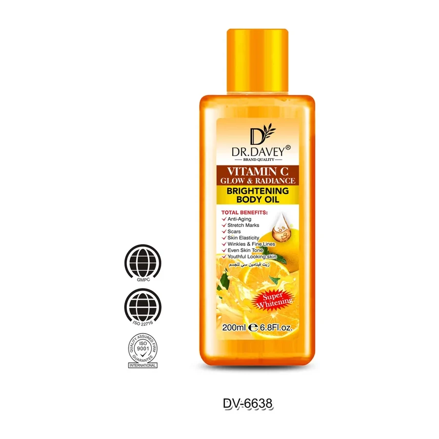 DR.DAVEY Vitamin C Glow & Radiance Brightening Body Oil, Age Support & Moisturizing Skin Care Oil for All Skin Types, 215ml white background product