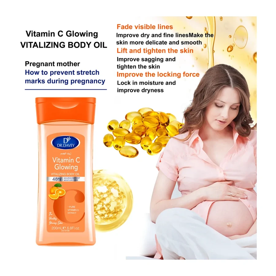 DR.DAVEY Vitamin C Glowing Vitalizing Brightening Body Oil 48H Moisturizing for Stretch Mark Care All Skin Types 200ml white background product image