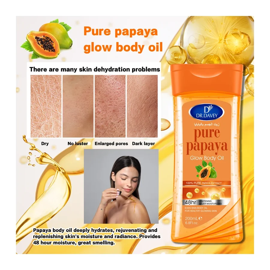 DR.DAVEY100% pure papaya Glow Body Oil, 48H Multi Vitamin Brightening & Moisturizing 200ml white background product image for OEM/ODM