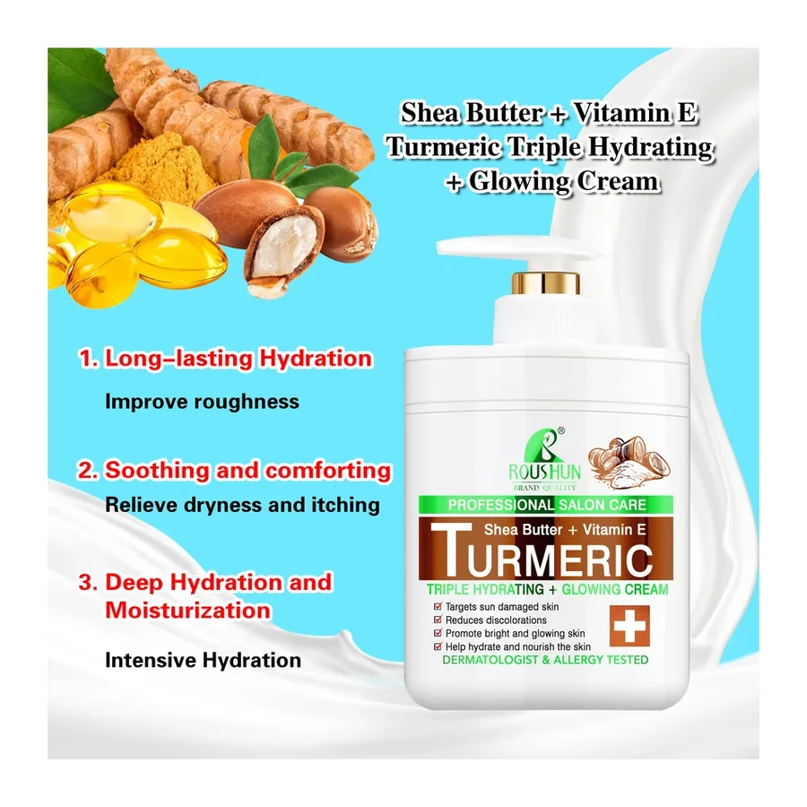 For Turmeric Triple Hydrating Brightening Glowing Body Cream Shea Butter & Vitamin E for Sun Damaged Dry Skin 1000ml white background product image