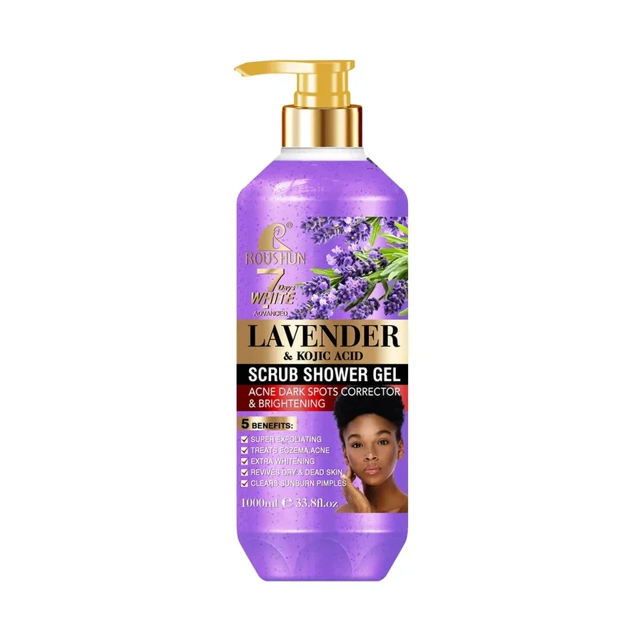 Lavender & Kojic Acid Brightening Moisturizing Shower Gel 1000ml white background product image for OEM/ODM private label shower gel manufacturing