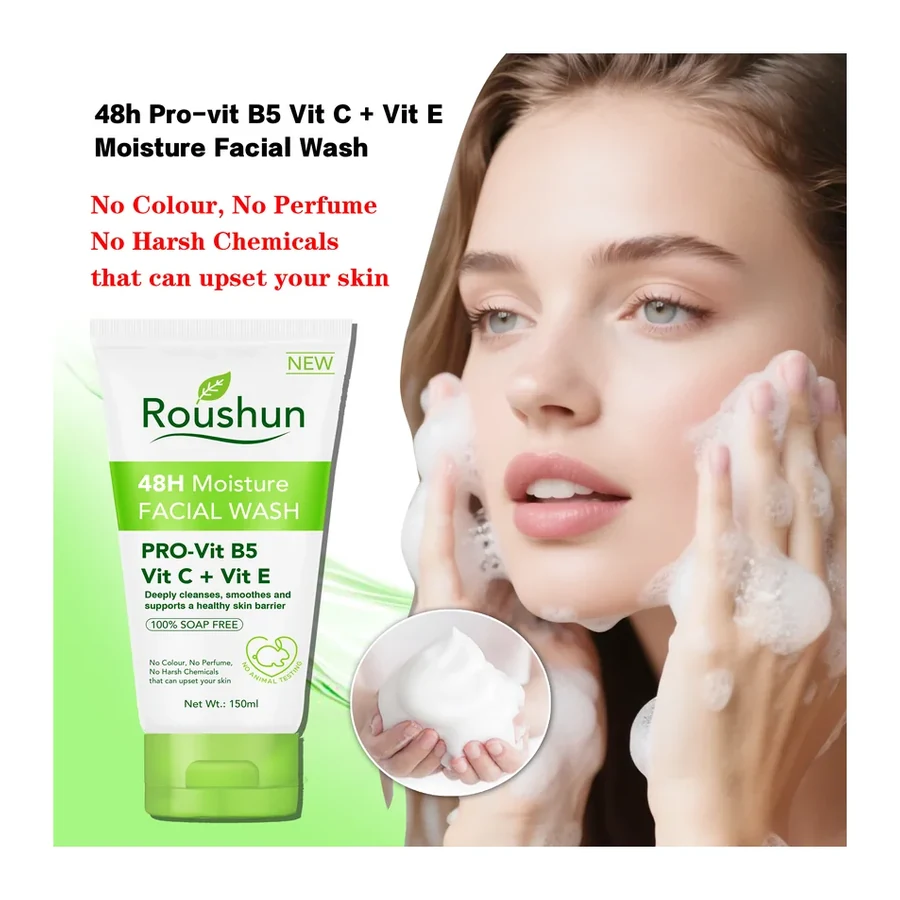 ROUSHUN 48H Moisture Foam Facial Wash Pro Vit B5 + Vit C + Vit E Gentle Soap Free Cleanser Daily Comfortable Stainless Steel white background product