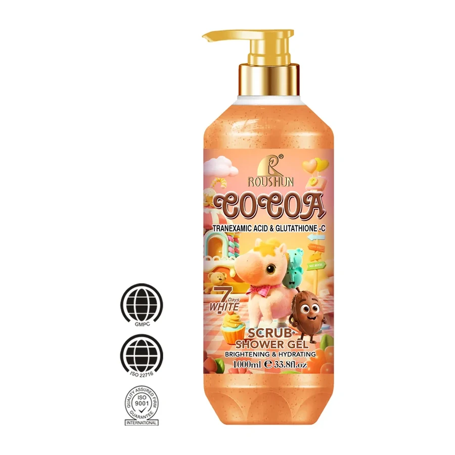 ROUSHUN 7 Days brightening Brightening & Hydrating Cocoa Scrub Shower Gel 1000ml white background product image for OEM/ODM private label shower gel
