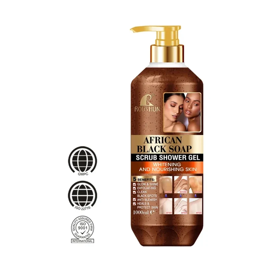 ROUSHUN African Black Soap Brightening & Nourishing Shower Gel 1000ml white background product image for OEM/ODM private label shower gel manufacturing