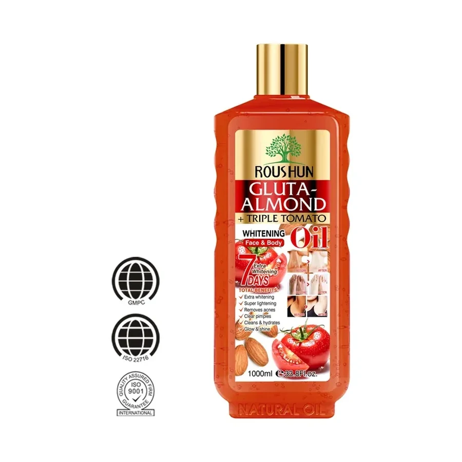 ROUSHUN Gluta Almond + Triple Tomato 7 Day Brightening Body Oil 1000ml white background product image for OEM/ODM private label body lotion manufacturing