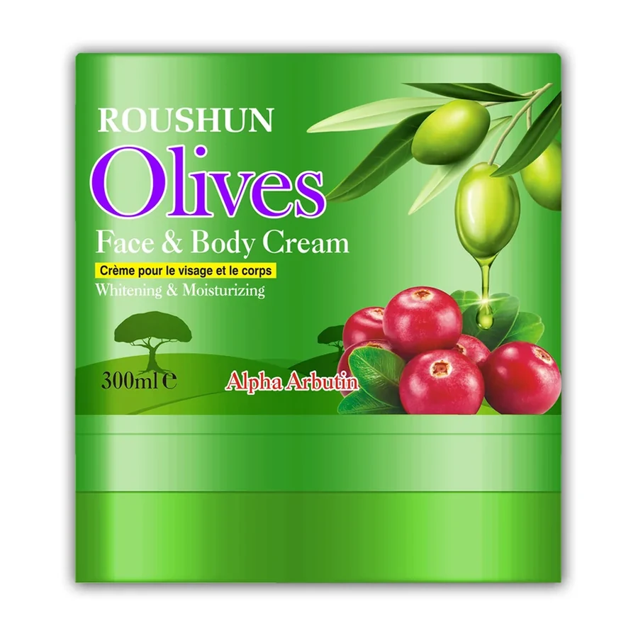 ROUSHUN Olives Face & Body Cream with Alpha Arbutin, 300ml white background product image for OEM/ODM private label body cream manufacturing
