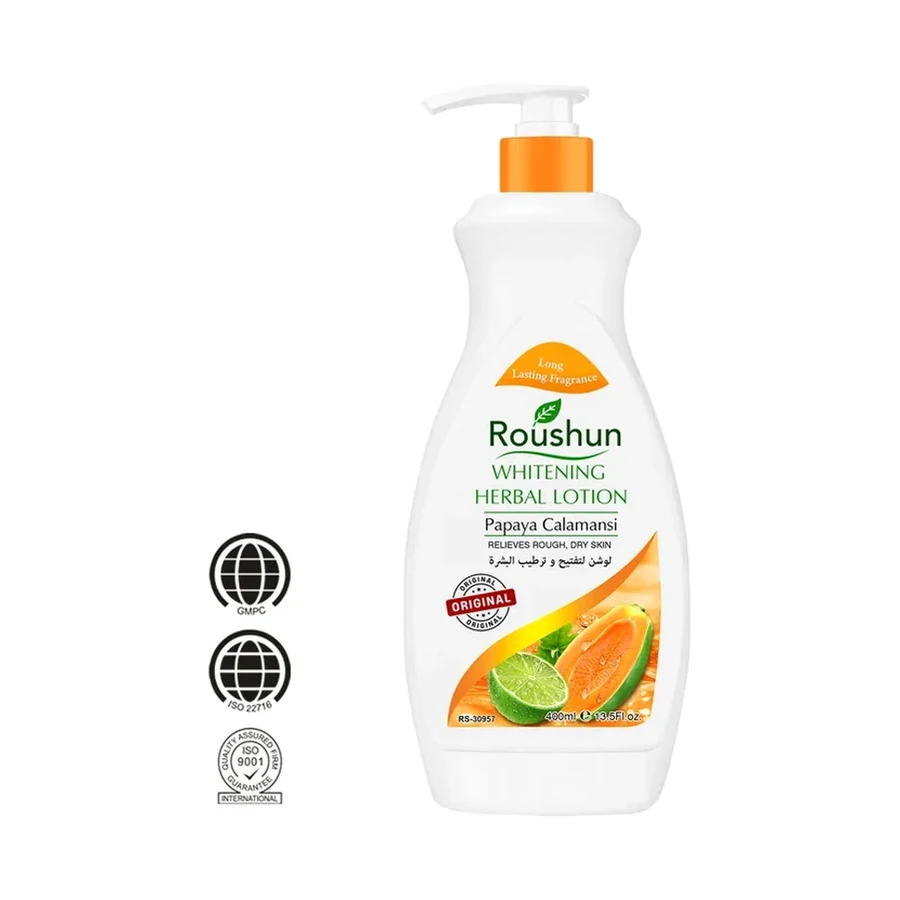 ROUSHUN Papaya Calamansi Brightening Herbal Body Lotion 400ml white background product image for OEM/ODM private label body lotion manufacturing