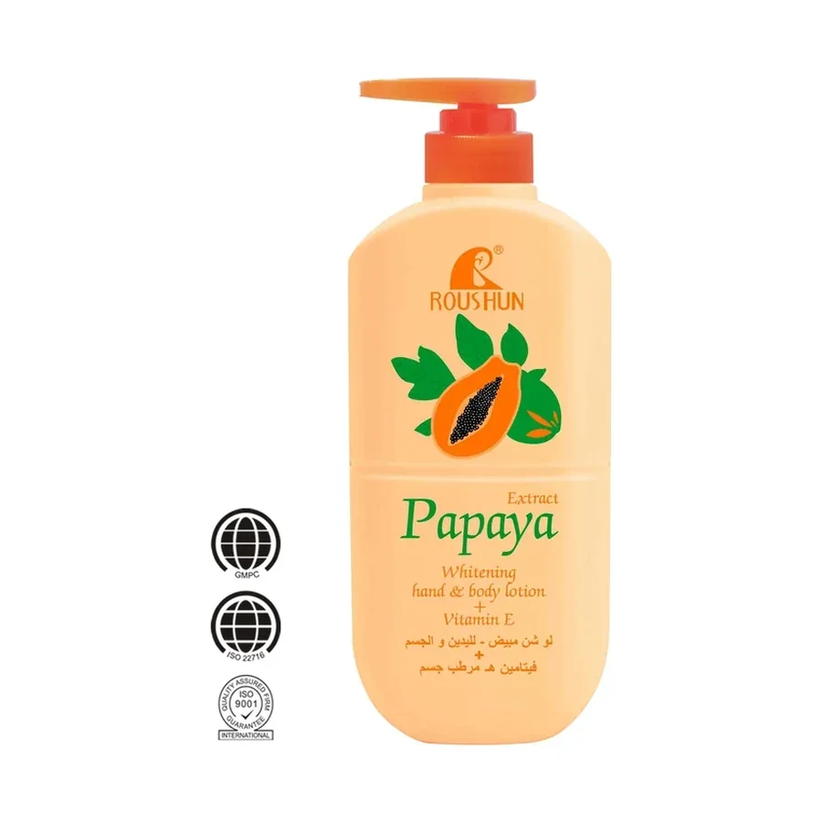 ROUSHUN Papaya Extract Brightening Hand Body Lotion 500ml white background product image for OEM/ODM private label body lotion manufacturing