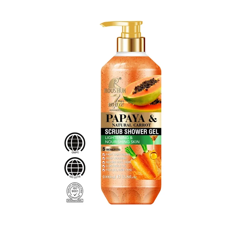 ROUSHUN Papaya & Natural Carrot Scrub Shower Gel 1000ml white background product image for OEM/ODM private label shower gel manufacturing