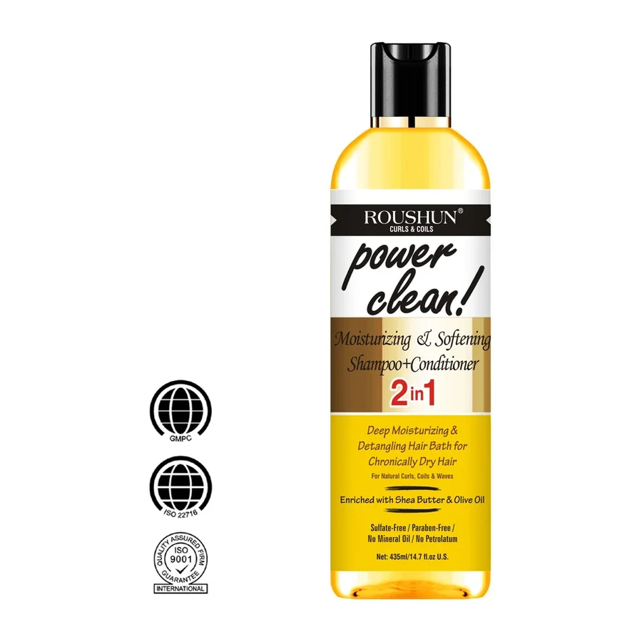 ROUSHUN Power Clean 2 in 1 Moisturizing Shampoo Conditioner for Dry Curly Hair435ml white background product image for OEM/ODM private label shampoo