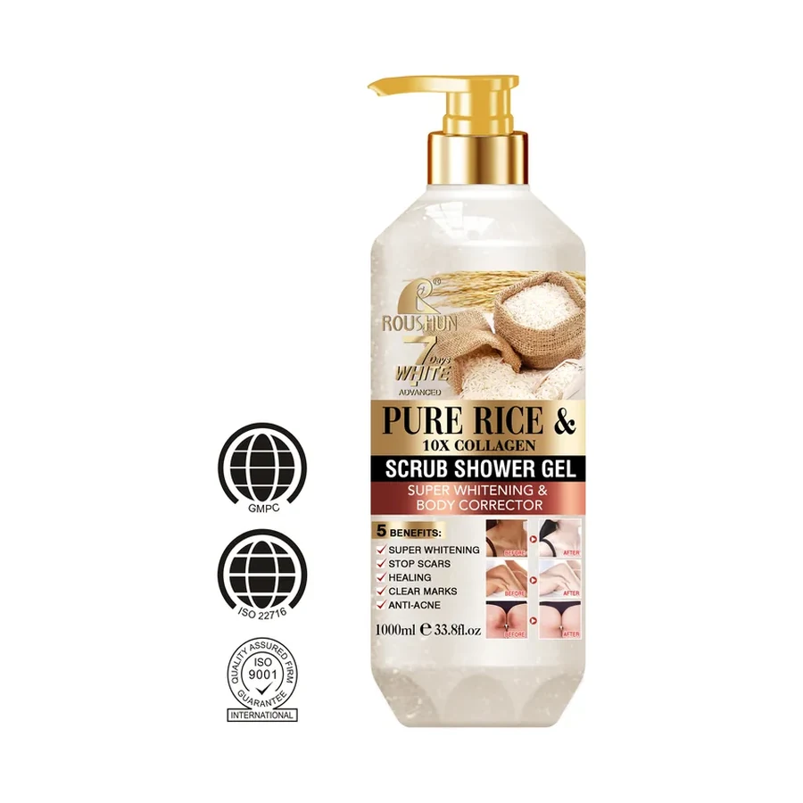 ROUSHUN Pure Rice & 10X Collagen Scrub Shower Gel 1000ml white background product image for OEM/ODM private label shower gel manufacturing