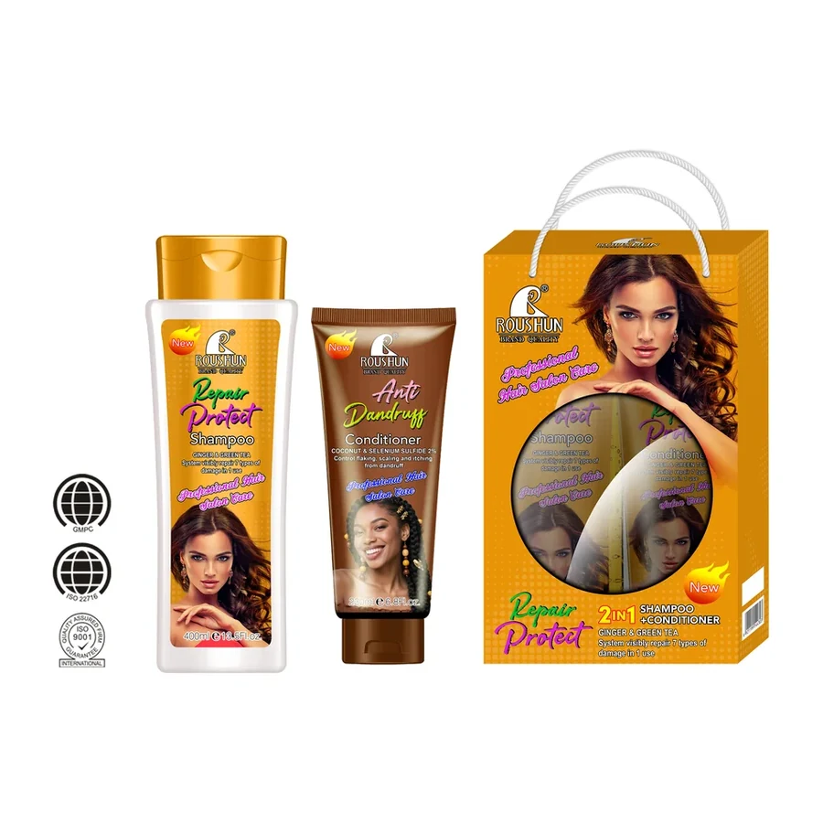 ROUSHUN Repair & Protect 2 in 1 Shampoo & Conditioner Set with Ginger & Green Tea white background product image for OEM/ODM private label shampoo