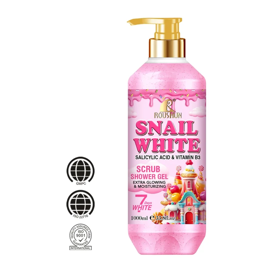 ROUSHUN Snail brightening Scrub Shower Gel with Salicylic Acid & Vitamin B3 1000ml white background product image for OEM/ODM private label shower gel