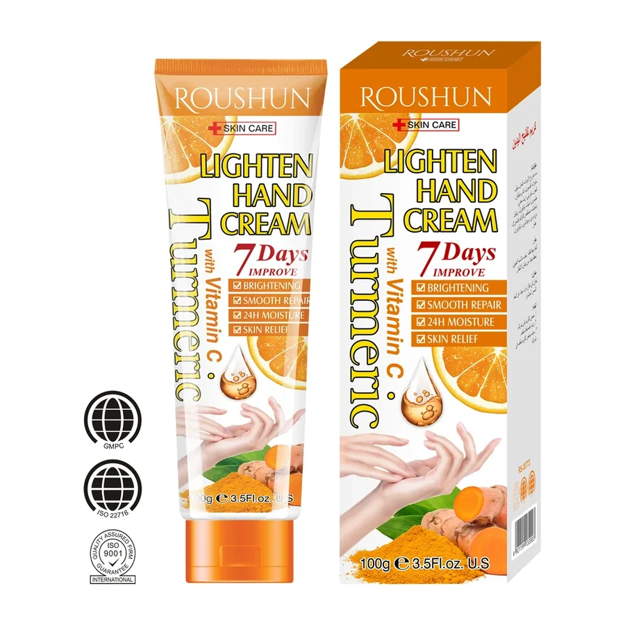 ROUSHUN Turmeric & Vitamin C Lighten Hand Cream 100g white background product image for OEM/ODM private label body cream manufacturing